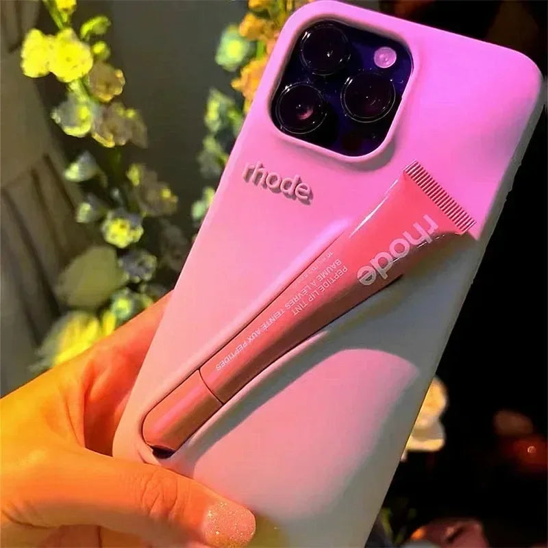 Custodia per telefono in silicone Rhode con scatola per iPhone 16, 15, 14, 13, 12 Pro Max Plus, custodia portatile per lucidalabbra e rossetto.