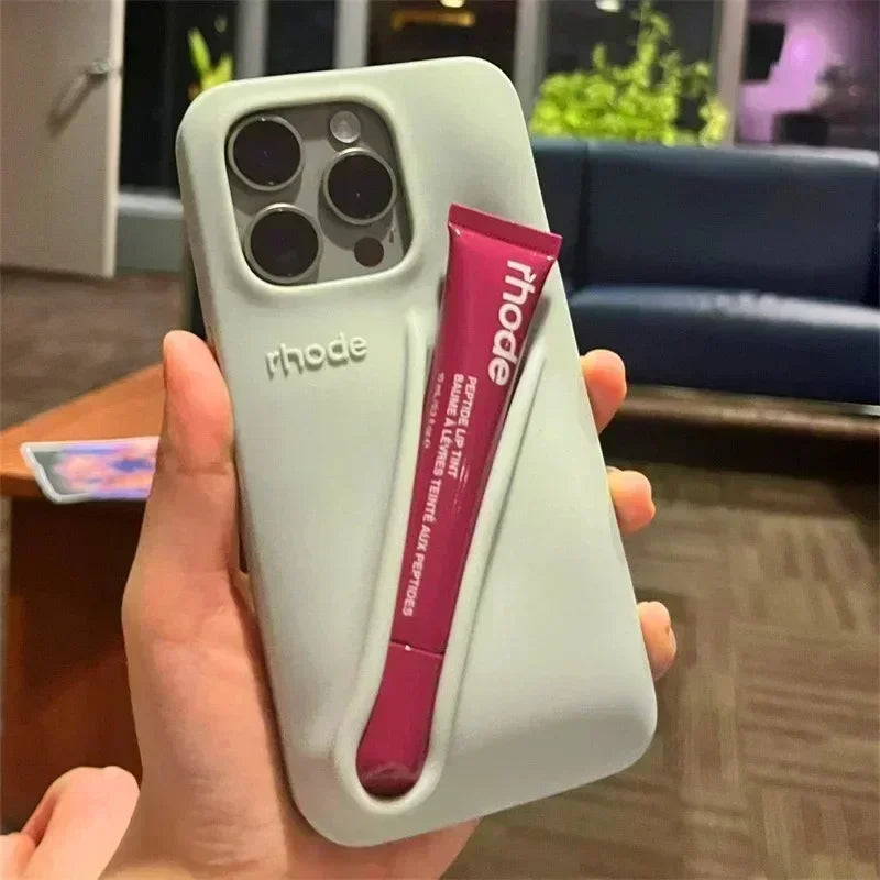 Custodia per telefono in silicone Rhode con scatola per iPhone 16, 15, 14, 13, 12 Pro Max Plus, custodia portatile per lucidalabbra e rossetto.
