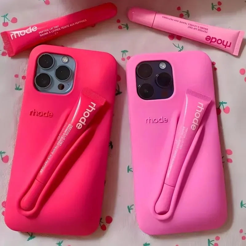 Custodia per telefono in silicone Rhode con scatola per iPhone 16, 15, 14, 13, 12 Pro Max Plus, custodia portatile per lucidalabbra e rossetto.