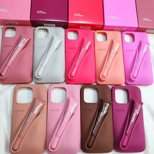 Custodia per telefono in silicone Rhode con scatola per iPhone 16, 15, 14, 13, 12 Pro Max Plus, custodia portatile per lucidalabbra e rossetto.