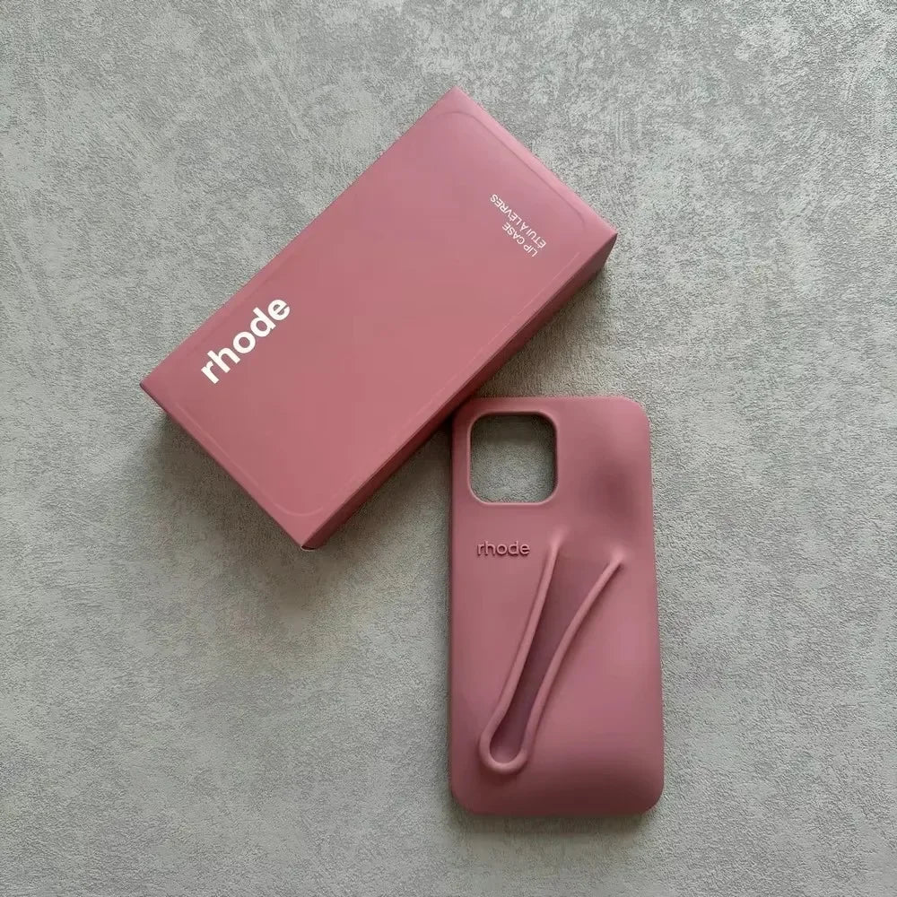 Custodia per telefono in silicone Rhode con scatola per iPhone 16, 15, 14, 13, 12 Pro Max Plus, custodia portatile per lucidalabbra e rossetto.