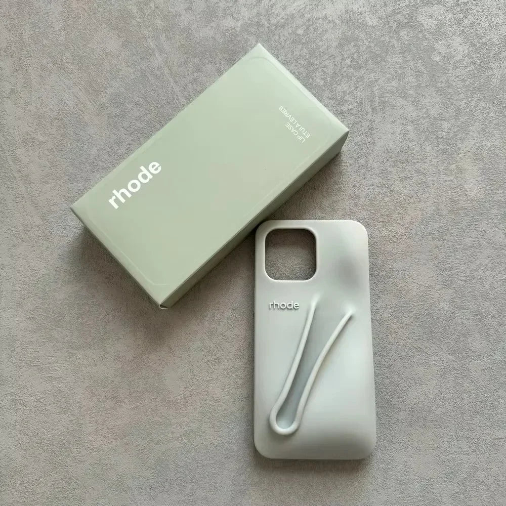 Custodia per telefono in silicone Rhode con scatola per iPhone 16, 15, 14, 13, 12 Pro Max Plus, custodia portatile per lucidalabbra e rossetto.